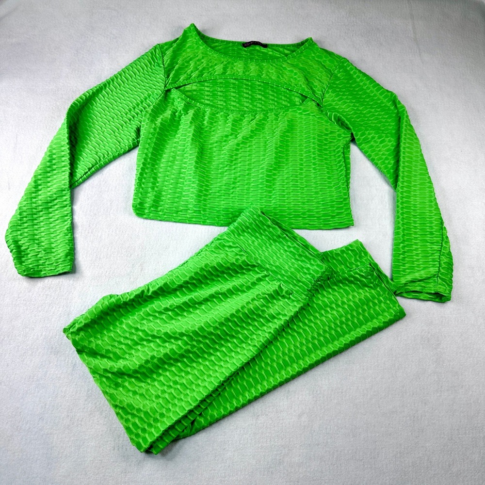 AQ-SPORT 2-Piece Activewear Set Womens 2X Neon Green Excellent Honeycomb Cutout
